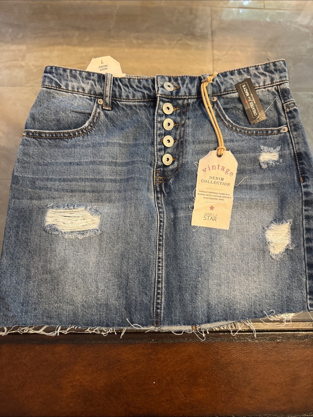 Vanilla Star Light Blue Distressed Button-Front Denim Mini Skirt
